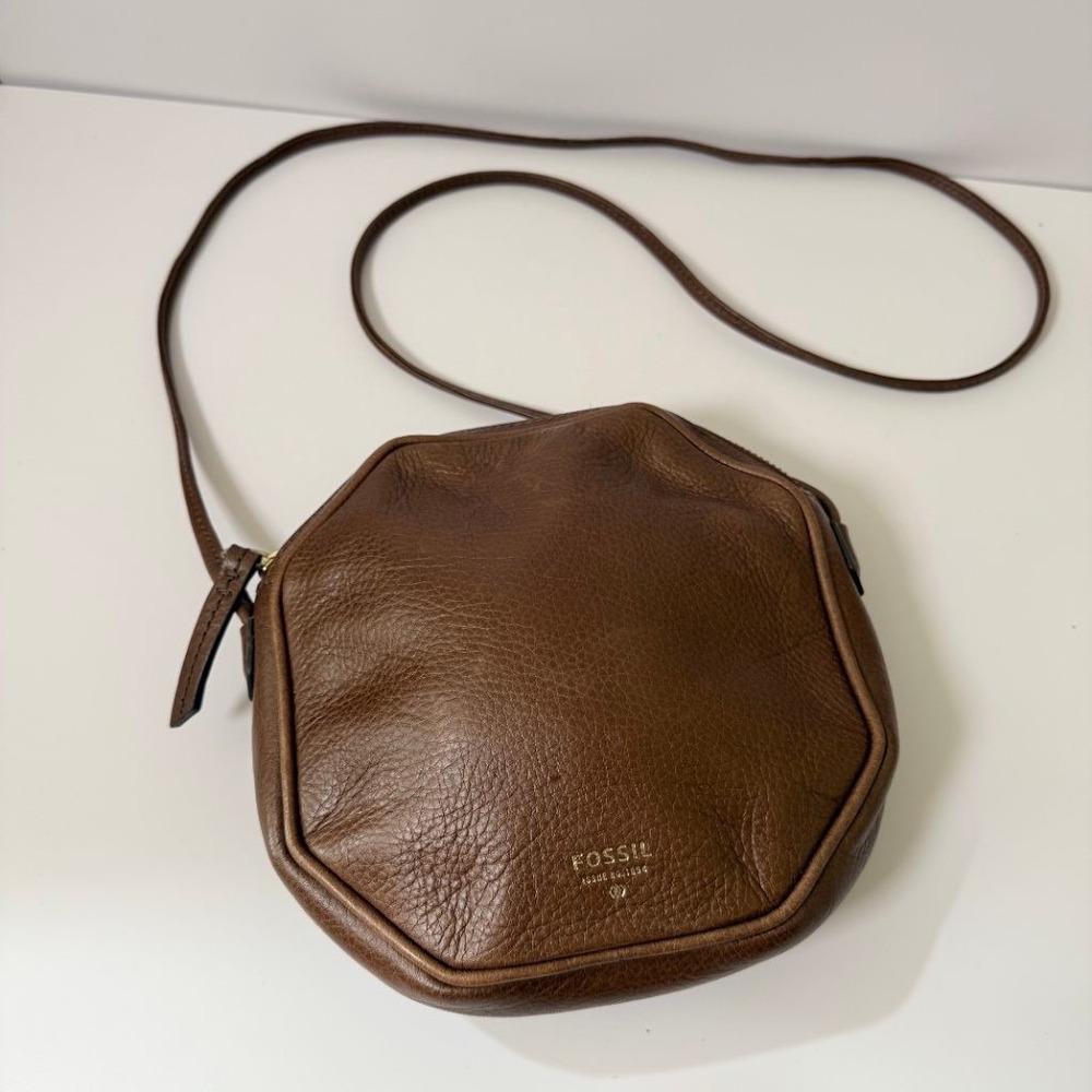 Fossil Brown Leather Octagon Crossbody Bag Small Zip Top Purse Issue No 1954